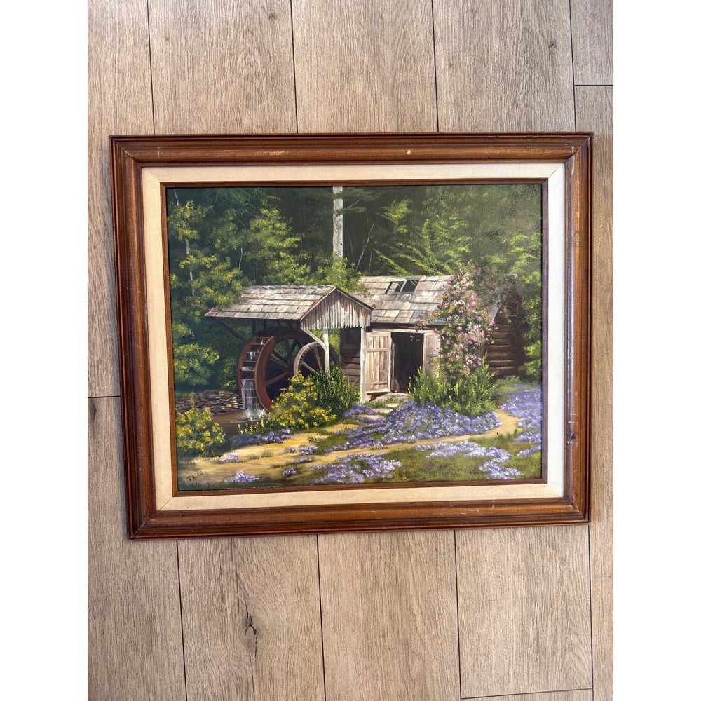 Vintage Signed T. Alder Oil Painting Water Mill Landscape Framed Cottagecore